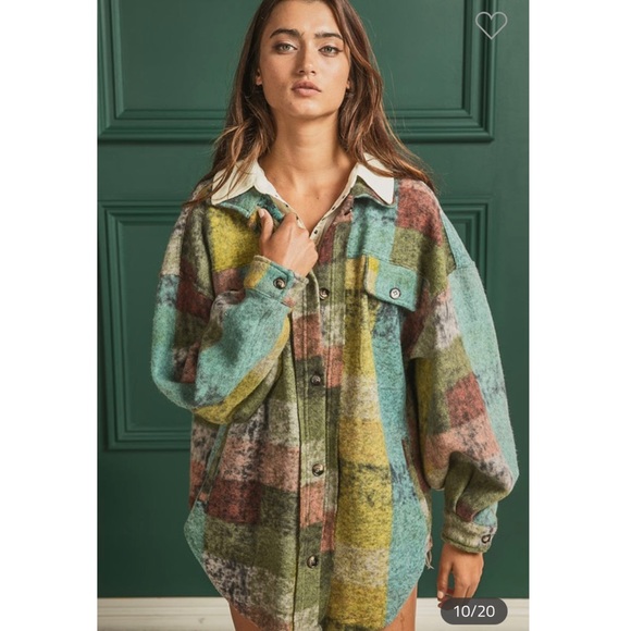 LAST ONE! Lime Fleece Checked Shirt Jacket - Picture 2 of 8